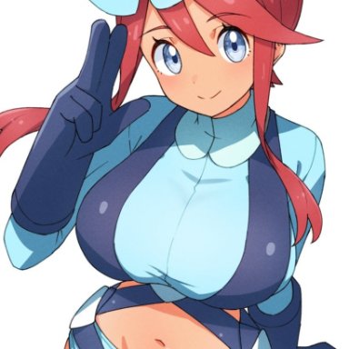 creatures (company), game freak, nintendo, pokemon, pokemon bw, skyla (pokemon), kamidan, 1girls, blue eyes, blue gloves, breasts, closed mouth, crop top, dark skin, dark-skinned female