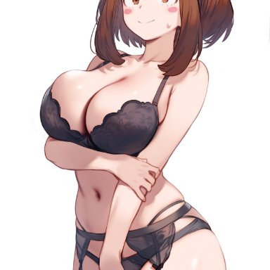 my hero academia, ochako uraraka, setsuaiart, aged up, arm under breasts, ass visible through thighs, bare arms, bare belly, bare shoulders, belly button, black bra, black panties, black thighhighs, blush, bra