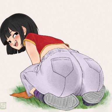 dragon ball, dragon ball gt, toei animation, pan (dragon ball), jarp, 1boy, 1girls, ass, ass focus, back view, big ass, black hair, blush, female, fully clothed