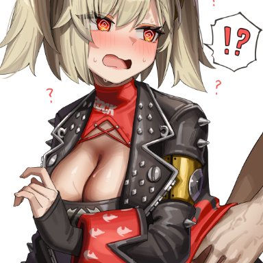 zenless zone zero, burnice white, !?, @ @, 1boy, 1girls, belt, black belt, black jacket, blonde hair, blush, breasts, cleavage, eyewear on head, female