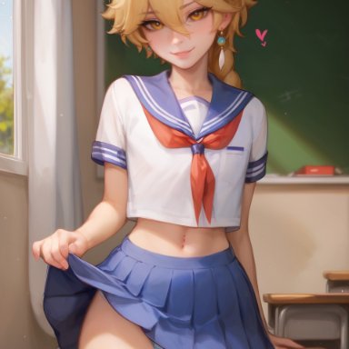 genshin impact, aether (genshin impact), acw, 1boy, blonde hair, braid, classroom, cowboy shot, crossdressing, cute male, ear ring, femboy, feminine male, girly, heart