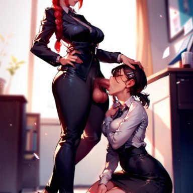 chainsaw man, higashiyama kobeni, makima (chainsaw man), a1exwell, alternate costume, blush, deepthroat, fellatio, futa on female, futa with female, futadom, futanari, hand on head, high heels, office lady