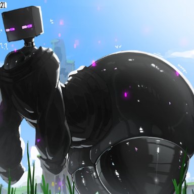 minecraft, enderman, atsuko 021, 1boy, bending over, bent over, black sweater, choker, femboy, gigantic ass, huge ass, large sleeves, latex legwear, latex stockings, purple eyes