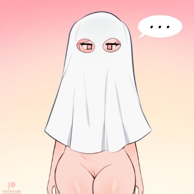 doki doki literature club, halloween, sataenart, ..., 1female, 1girls, costume, exposed pussy, female focus, ghost, ghost costume, halloween costume, looking at viewer, pink eyes, pussy