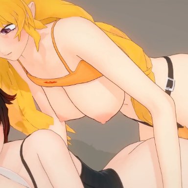 rwby, ruby rose, yang xiao long, nyxxzeiss, 2girls, big breasts, blonde hair, blush, breasts, breasts out, busty, female, hair, incest, long hair