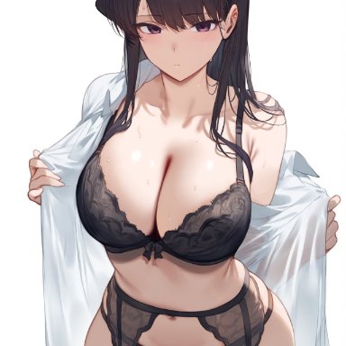 komi-san wa komyushou desu, komi shouko, setsuaiart, ass visible through thighs, bare belly, bare shoulders, belly button, black bra, black panties, black thighhighs, blush, bra, breasts, cleavage, closed mouth