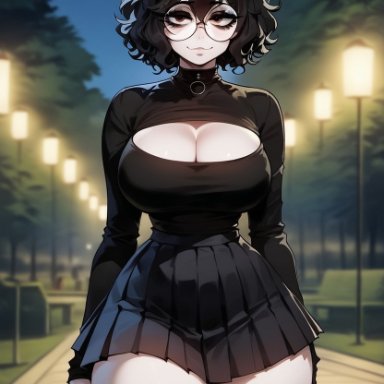 olie, thiccwithaq (ai style), xandr, 1girls, ass, big breasts, black hair, breasts, brown eyes, choker, cleavage, eyelashes, eyeshadow, glasses, goth