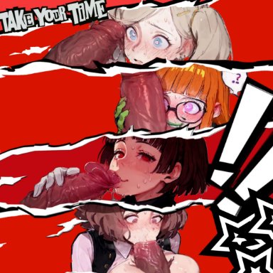 persona, persona 5, ann takamaki, haru okumura, makoto niijima, sakura futaba, blush, cock hungry, cock shock, cock worship, dark-skinned male, fellatio, lipstick, oral, penis awe