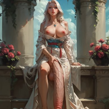 esendor, 1futa, dickgirl, enormous penis, flaccid penis, futanari, huge breasts, hyper penis, long hair, long penis, massive penis, solo, white hair, ai generated, stable diffusion