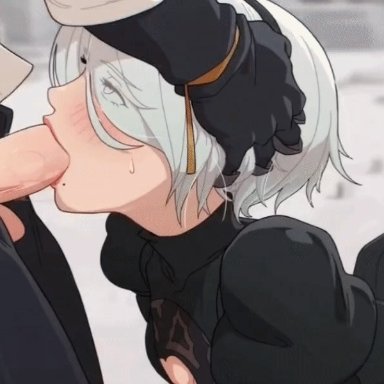 nier, nier: automata, yorha 2b, gintsu, android, ass, blowjob, blue eyes, blush, cum, cum in mouth, cum inside, deep blowjob, deep throat, deepthroat