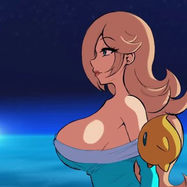 mario (series), super mario galaxy, super smash bros., luma, princess rosalina, leonhenthighs, 1girls, big breasts, bouncing breasts, breast slap, breasts, cleavage, clothed, female, funny