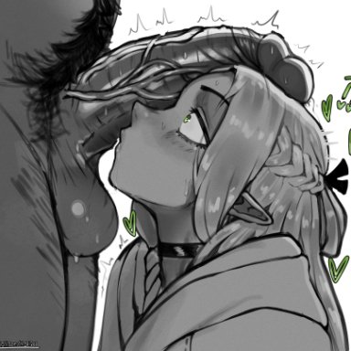 delicious in dungeon, dungeon meshi, marcille donato, senshi (dungeon meshi), mobi mobi, 1boy, 1girls, braided hair, cfnm, cock shock, drooling, elf, elf female, from side, green eyes