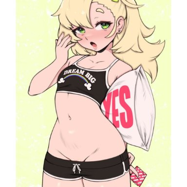 zenless zone zero, piper wheel, whomperfruit, belly, blonde hair, blush, condom, green eyes, holding object, holding pillow, navel, open mouth, pillow, short shorts, shorts