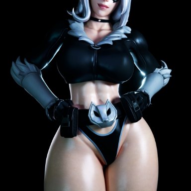 fortnite, fortnite: battle royale, marvel, marvel comics, spider-man (series), black cat (fortnite), black cat (marvel), felicia hardy, thiccomantis, belt, big breasts, big thighs, blue eyes, choker, mask