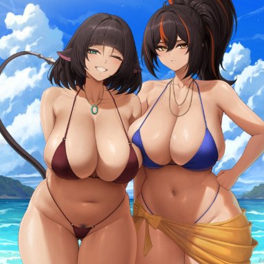 zenless zone zero, jane doe (zenless zone zero), zhu yuan, zaphn, 2girls, animal ears, aqua eyes, aqua hair, ass, beach, big ass, big thighs, bikini, blush, breasts