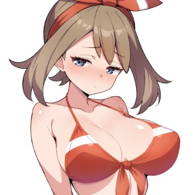 creatures (company), game freak, nintendo, pokemon, pokemon oras, may (pokemon oras), may (pokemon), kamidan, 1girls, arms behind back, bikini, blue eyes, breasts, brown hair, closed mouth