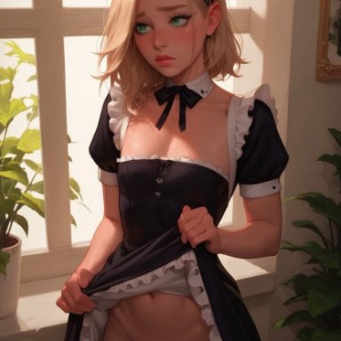 original, revenge623, 1boy, 1femboy, clothes lift, crossdressing, erection, femboy, maid, otoko no ko, penis, solo, testicles, trap, window