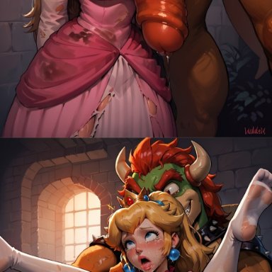 mario (series), nintendo, bowser, princess peach, vpwn, 1boy, 1girls, absurdly large cock, balls, broken, broken rape victim, captured, cock ring, cumflation, dirty