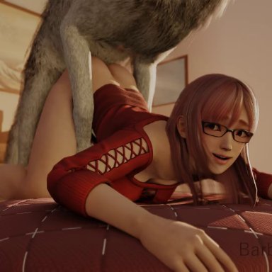 dead or alive, honoka (doa), barbonicles, all fours, animal, boots, bouncing breasts, breasts, canine, canis, clothing, doggy style, duo, eyewear, female