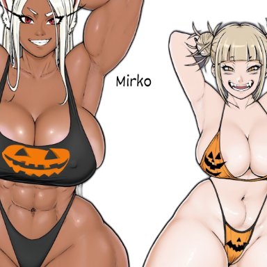 my hero academia, himiko toga, mirko, rumi usagiyama, bunanza , 2girls, abs, arms behind head, bikini, bikini bottom, cleavage, curvy body, curvy female, curvy figure, dark-skinned female