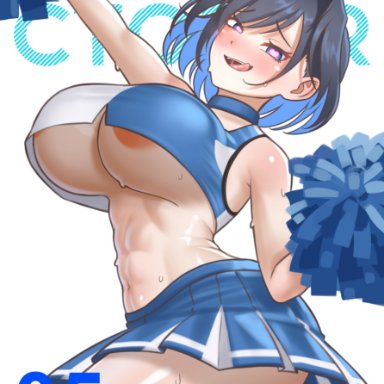 hololive, hololive english, hololive english -council-, hololive english -promise-, ouro kronii, cipher4109, 1girls, areola slip, black hair, blue eyes, blue hair, blush, breasts, cheerleader, crop top