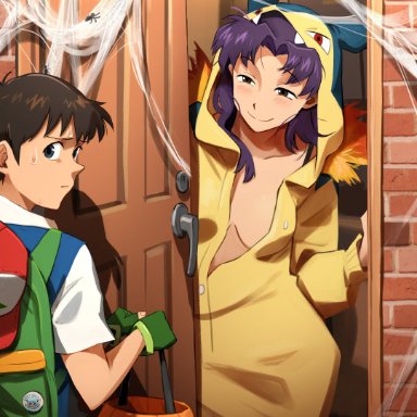 game freak, halloween, neon genesis evangelion, nintendo, pokemon, vaporeon copypasta, ash ketchum (cosplay), misato katsuragi, pokemon (cosplay), rei ayanami, shinji ikari, typhlosion (cosplay), vaporeon (cosplay), khyleri, 1boy