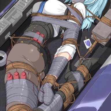 genshin impact, eula (genshin impact), bagelbomb, 1girls, blue eyes, blue hair, bondage, breasts, car, car trunk, clothed, corset, crying, crying with eyes open, harness ball gag