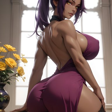 bleach, shihouin yoruichi, eogard orc, big ass, big breasts, black stockings, dark-skinned female, dress, looking at viewer, purple hair, yellow eyes, ai generated, self upload, stable diffusion