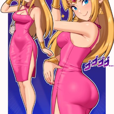 a link between worlds, a link to the past, the legend of zelda, princess zelda, sarukaiwolf, 1girls, alternate costume, ass, bangs, belly, belly button, belly outline, big ass, blonde female, blonde hair