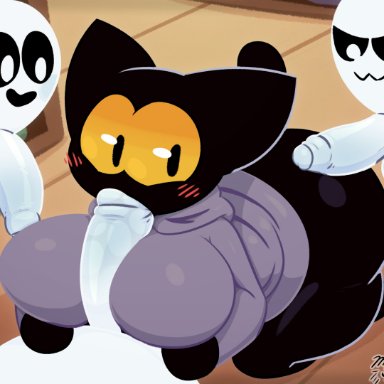 google, google doodle, magic cat academy, momo (google), miso souperstar, anthro, anthro penetrated, ass, balls, bent over, big butt, black body, black eyes, black fur, black sclera