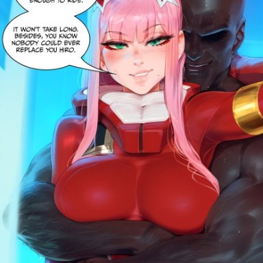 ai generated, yelua, 1boy, 1girls, big breasts, blue eyes, blush, dark skin, dark-skinned male, female, horns, interracial, large breasts, light skin, light-skinned female