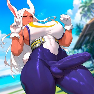 boku no hero academia, my hero academia, miruko, rumi usagiyama, racerai, 1female, 1girls, animal ears, blue sky, blurry, bodysuit, breasts, bulge, bulge through clothing, bunny ears