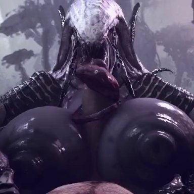 evolve, wraith (evolve), rayhuma, 1boy, 1girls, big breasts, big penis, blowjob, huge breasts, huge nipples, huge penis, large areolae, large breasts, licking penis, long tongue