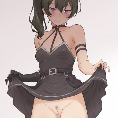 sousou no frieren, ubel (sousou no frieren), air41, black skirt, black thighhighs, breasts, cleavage, cleft of venus, closed mouth, clothes lift, female, green hair, grey background, lifting own clothes, looking at viewer