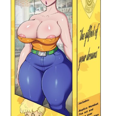 dragon ball, bikini (dragon ball), mombot, alviriaart, alviria, android, big ass, big breasts, blonde hair, breasts, closed eyes, doll, doll box, doll girl, earrings