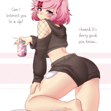 doki doki literature club, raionart, bare legs, barefoot, big ass, blush, feet, fishnet, hoodie, leg lift, long sleeves, looking at viewer, looking back, one leg raised, petite