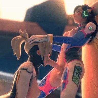 overwatch, d.va, mercy, rekin3d, 1futa, 1girls, balls, big breasts, big penis, blonde hair, blowjob, breasts, brown hair, deepthroat, face fucking