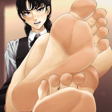 chainsaw man, mitaka asa, lewdsaiga, 1girls, blush, embarrassed, feet, feet focus, feet on penis, feet up, female, foot fetish, foot focus, pov, shy