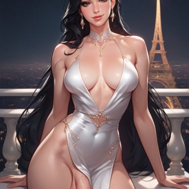 original, original character, santopati, 1futa, arm support, balcony, balls, big ass, big penis, biting lip, black eyes, black hair, black legwear, candle, cityscape