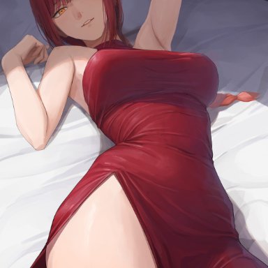 chainsaw man, makima (chainsaw man), ano (gccx8784), armpits, bed sheet, braid, braided ponytail, breasts, covered navel, dress, female, large breasts, light smile, looking at viewer, lying