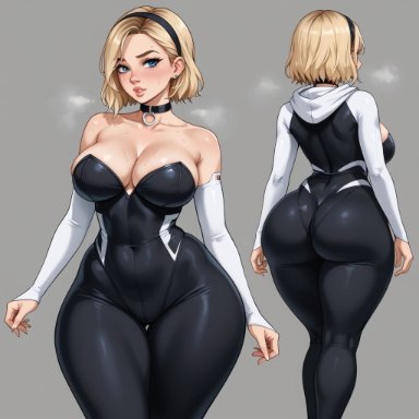 marvel, marvel comics, spider-man (series), ghost-spider, gwen stacy, spider-gwen, big ass, big breasts, blonde, blonde female, blonde hair, blue eyes, bubble ass, busty, dat ass