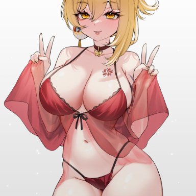 genshin impact, hoyoverse, mihoyo, yoimiya (genshin impact), nemuaki, 1girls, alternate breast size, alternate costume, babydoll, babydoll lingerie, belly button, big breasts, blonde hair, female, female focus