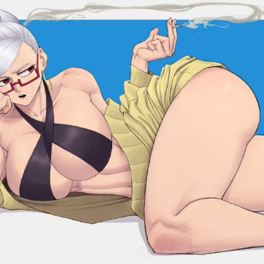 dandadan, ayase seiko, limn044, 1girls, ass, cardigan, cigarette, criss-cross halter, earrings, female, glasses, grey hair, halterneck, hoop earrings, jewelry