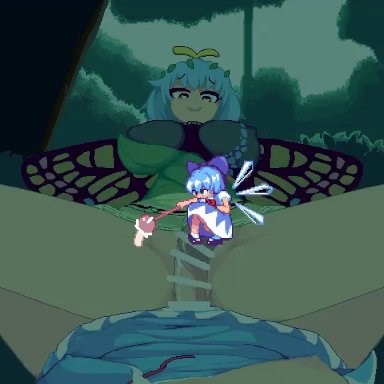 touhou, cirno, eternity larva, yado taityou, 1futa, after sex, after vaginal, antennae, blue dress, breasts, butterfly wings, clothed sex, covered erect nipples, cowgirl position, cum