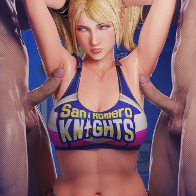 lollipop chainsaw, juliet starling, fugtrup, armpit sex, armpits, arms up, big breasts, blonde female, blonde hair, blonde hair female, bored, cheerleader, cheerleader uniform, clothed, cock