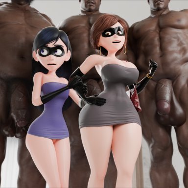 pixar, the incredibles, elastigirl, helen parr, violet parr, gildagriffon, 2girls, 3boys, age difference, big balls, big breasts, big penis, black hair, breasts, brown eyes