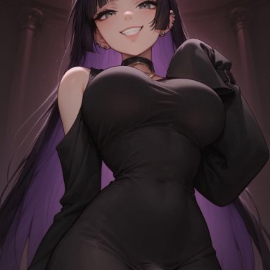 bocchi the rock!, pa-san, velonix, 1futa, 1futanari, bare shoulders, black clothing, black dress, black hair, breasts, bulge, bulge through clothing, collar, dress, futanari