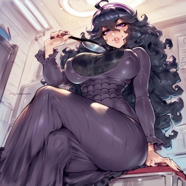 game freak, nintendo, pokemon, pokemon bw, hex maniac, hex maniac (pokemon), pokemon trainer, twitwit, 1girls, big breasts, black hair, clothed, clothing, female, female focus