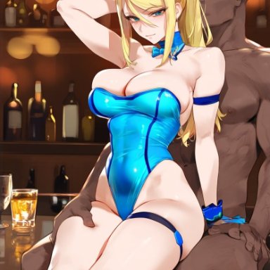 metroid, nintendo, samus aran, geosan, big breasts, bimbo, blonde hair, bunny ears, bunnysuit, cleavage, clothed female nude male, dark-skinned male, female, female focus, grabbing hips