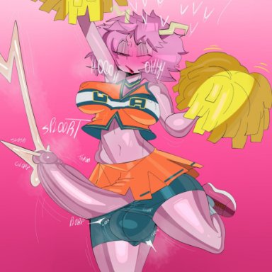 boku no hero academia, my hero academia, ashido mina, mina ashido, tayuri, 1futa, balls outline, balls under clothes, blush, cheerleader, cheerleader outfit, cheerleader uniform, clothed, clothing, cum